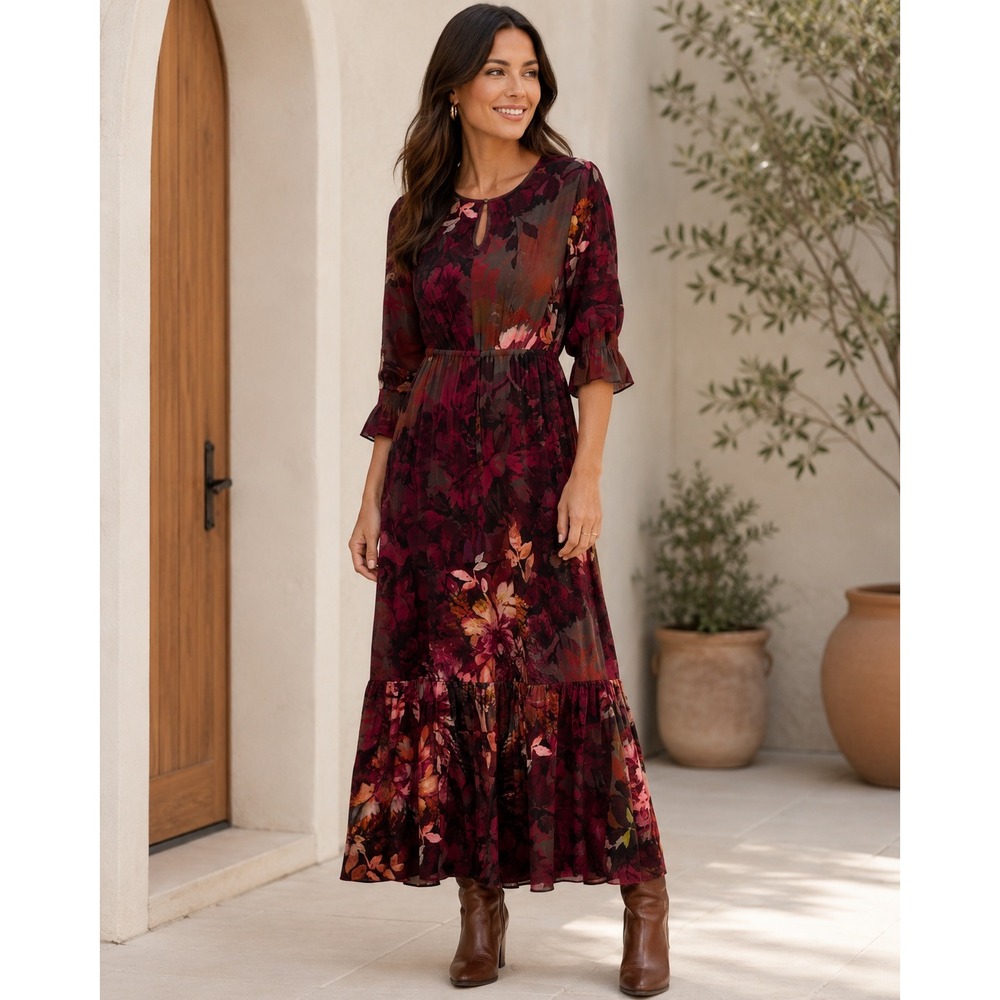 Soft Surroundings Burgundy Floral Maxi Dress Women Small Boho Prairie Whimsigoth